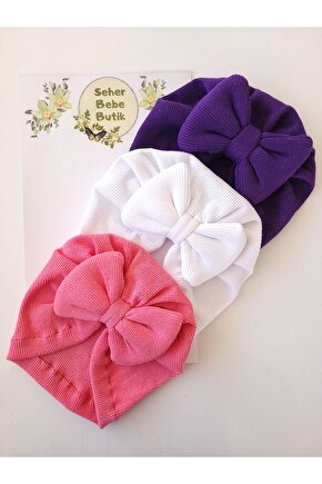 Kız Bebek & Çocuk Renkli Fiyonklu Bone 3Lü Set