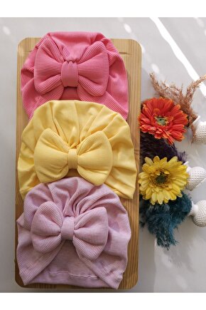 Kız Bebek & Çocuk Renkli Fiyonklu Bone 3Lü Set