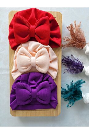 Kız Bebek & Çocuk Renkli Fiyonk Bone 3lü Set