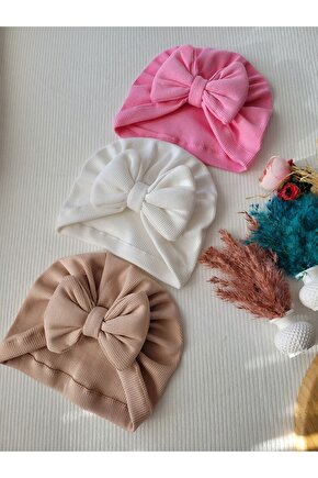 Kız Bebek & Çocuk Renkli Fiyonk Bone 3lü Set