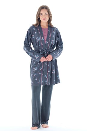 Kadın Yakası Düğmeli Çicek Desenli Belden Kuşaklı 3lü Pijama Takımı