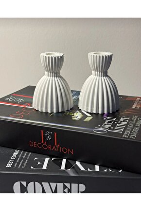 Dekoratif 2’li Şamdan Beton Mumluk Şamdan Beyaz