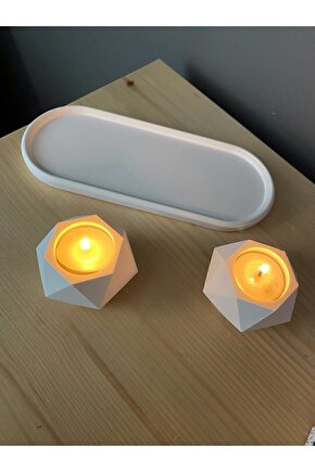 Geometrik Tealight Beton Mumluk, Oval Tabaklı Dekoratif Hediyelik Set Ham Beyaz