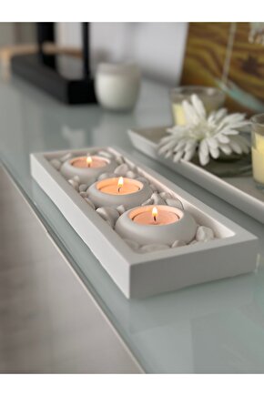 Mums Tabaklı Beton Mumluk Taş Dekorasyon Tealight Mumluk (MUMLAR VE TAŞ DAHİLDİR)