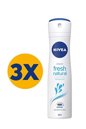 Kadın Sprey Deodorant Fresh Natural 150ml, Ter Kokusuna Karşı 48 Saat Koruma, Ferahlık, X3 Adet