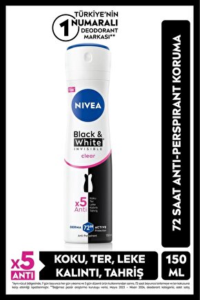 Kadın Sprey Deodorant Black&white Invisible Clear 150ml, 72 Saat Anti-perspirant Koruma