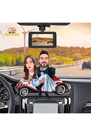 Dikiz ayna süsü  Nostalji arabalı gelin damat  karikatürlü biblo hediye  3d masa üstü biblo hediyesi
