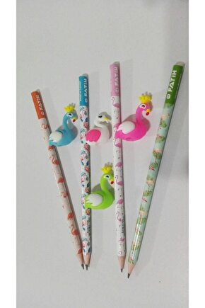 4 Lü Flamingo Kurşun Kalem Ve 4 Lü Kalem Başlığı Seti Bş.k