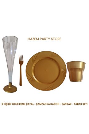 PLASTİK ÇATAL - BARDAK- ŞAMPANYA KADEHİ - TABAK SETİ SERT PLASTİK 6 KİŞİLİK SET GOLD RENK 24 ADET
