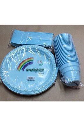 Mavi Tabak Bardak Çatal Seti Plastik 25 Kişilik Kullan At