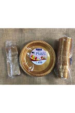 Gold Altın Tabak Bardak Çatal Set Plastik 25 Kişilik
