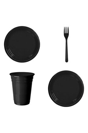 Siyah Plastik Bardak Çatal Tabak 25li