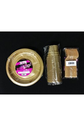 Gold Altın Tabak Bardak Çatal Set Plastik 25 Kişilik Tg-869560-1