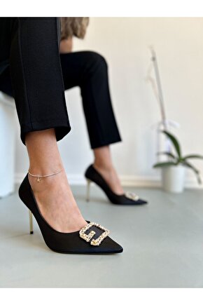 Saten Siyah Taşlı Topuklu Ayakkabı Stiletto