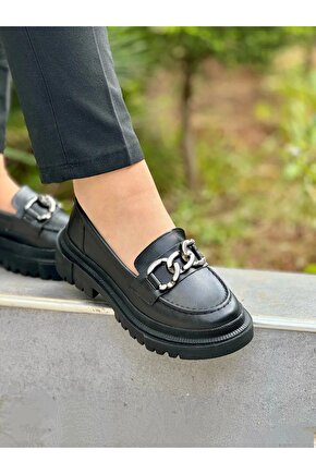 Yüksek Taban Loafer Gümüş Zincir Aksesuarlı