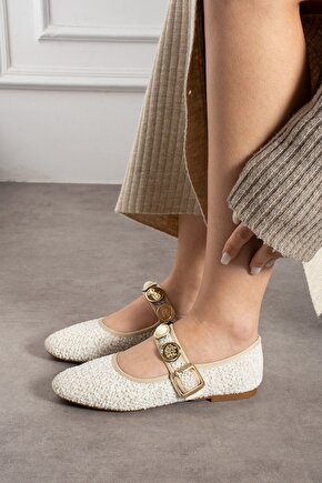Kilim Desen Bej Babet Aksesuar Detaylı (TOPUK 1,5 CM)balerina