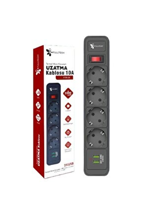 Akım Korumalı 4 Lü Priz Açma Kapama Anahtarlı 2 Usb Çıkışlı 2 Metre Kablo Uzunluğu