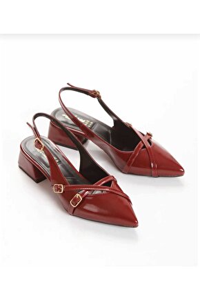moda Rendi Kadın Bordo Rugan Çapraz Bantlı Kısa Topuklu Babet Ayakkabı