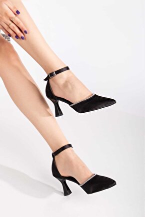 Saten Önü Taşlı Bilekli Kısa Topuklu Stiletto