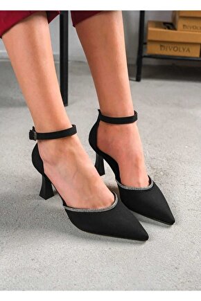 Siyah Saten Önü Taşlı Bilekli Kısa Topuklu Stiletto