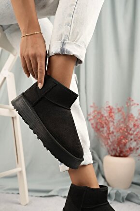 Bot & Bootie Ultra Mini Süet Siyah Bot Içi Tüylü  Kürklü Kadın Ayakkabı Bot