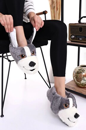Köpek Figürlü Peluş Yumuşacık Kaymaz Ve Ses Yapmaz Tabanlı Gri-Beyaz Kışlık Ev Pandufu