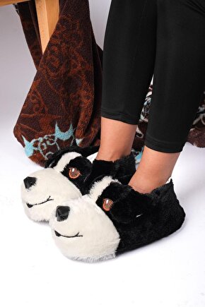 Unisex Siyah Tüylü Köpek Figürlü Kaymaz Taban Pofuduk Peluş Patik  Ev Botu Rahat Panduf
