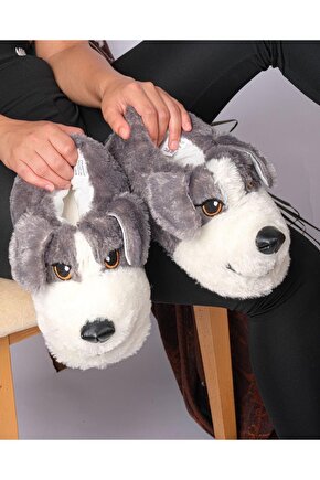 Unisex Füme Tüylü Köpek Figürlü Kaymaz Taban Pofuduk Peluş Patik  Ev Botu Rahat Panduf