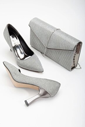 Kadın Şık TARZ 9 cm Özel Üretim Kalın Topuklu Stiletto ve Çanta Takımı Platin