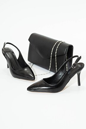 Kadın Ince Topuklu Stiletto Ve Çanta Takımı Siyah Mat