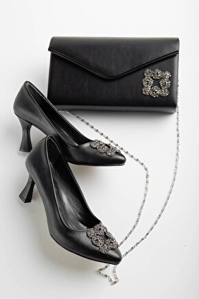 Kadın 7 Cm Topuklu Siyah Cilt Taş Detaylı Çanta Kombinli Stiletto Takımı