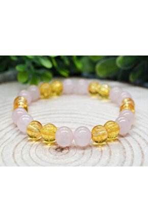 Pembe Kuvars Ve Sitrin Doğal Taş Bileklik 8 Mm