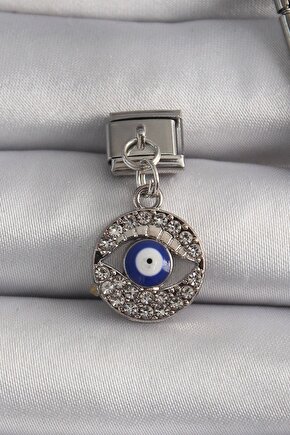 316l Çelik Gümüş Renk Sallantı Zirkon Taşlı Göz Model Nazar Boncuk Detay Nomination Charm