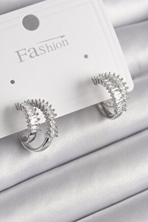 Pirinç Gümüş Renk 2Li Zirkon Taşlı Halka Model Kadın Küpe