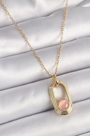 316l Çelik Gold Renk Pembe Kedi Göz Model Kadın Kolye