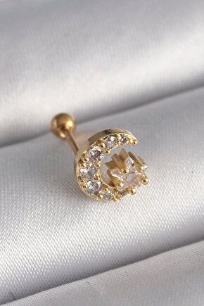 316l Çelik Gold Renk Zirkon Taşlı Ay Yıldız Tragus Piercing