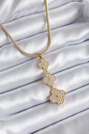 316l Çelik Gold Renk Italyan Zincir Zirkon Taşlı Yonca Model Kadın Kolye