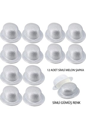 Gümüş Renk Simli Melon Yulak Parti Şapkası 12 Adet