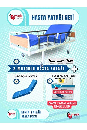 2 Motorlu MDF Başlıklı Tabanca Korkuluklu Hasta Yatağı+4Parçalı Yatak+A+B12cm Boru Tipi HavalıYatak