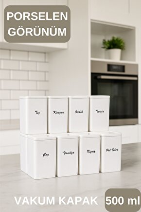12li 500 ml Vakumlu  Porselen Görünümlü Akrilik Baharatlık - Saklama Kabı Etiket Hediyeli