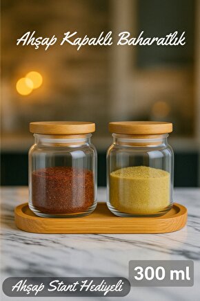 Bambu Kapaklı 2li Stantlı Baharat Takımı 300ml