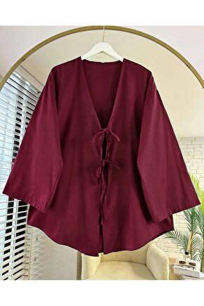 Önü bağlamalı Kimono Kaftan Tunik  Açık Bordo