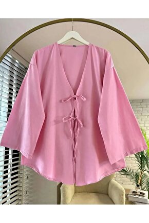 Önü Bağlamalı Kimono Tunik Pembe Oversize  hudors