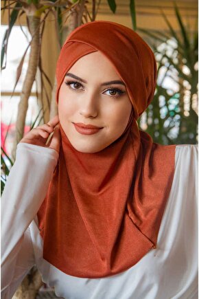 Kiremit Çapraz Bantlı Medium Size Hijab - Hazır Şal