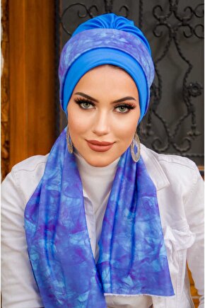 Saks Mavi Batik Desen Fularlı Bone