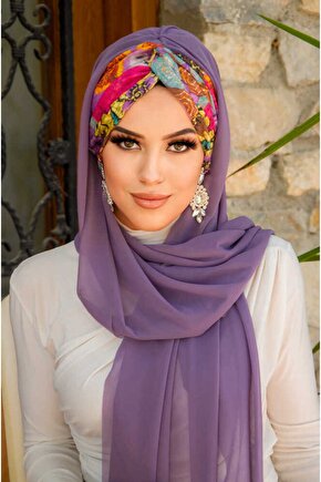 Lila Retro Desen Burgu Hazır Şal