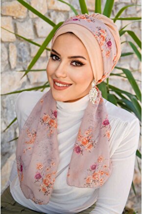 Bej Soft Çiçek Desenli Fularlı Bone