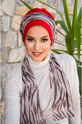 Kırmızı Zebra Desen Fularlı Bone