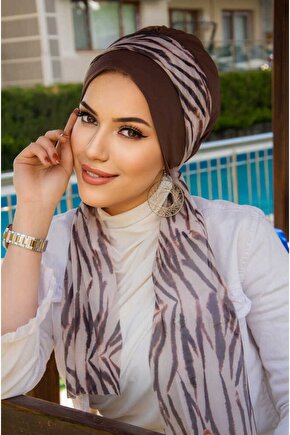 Kahve Zebra Desen Fularlı Bone