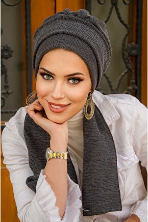 Antrasit Krınkıl Atkılı Tesettür Bone